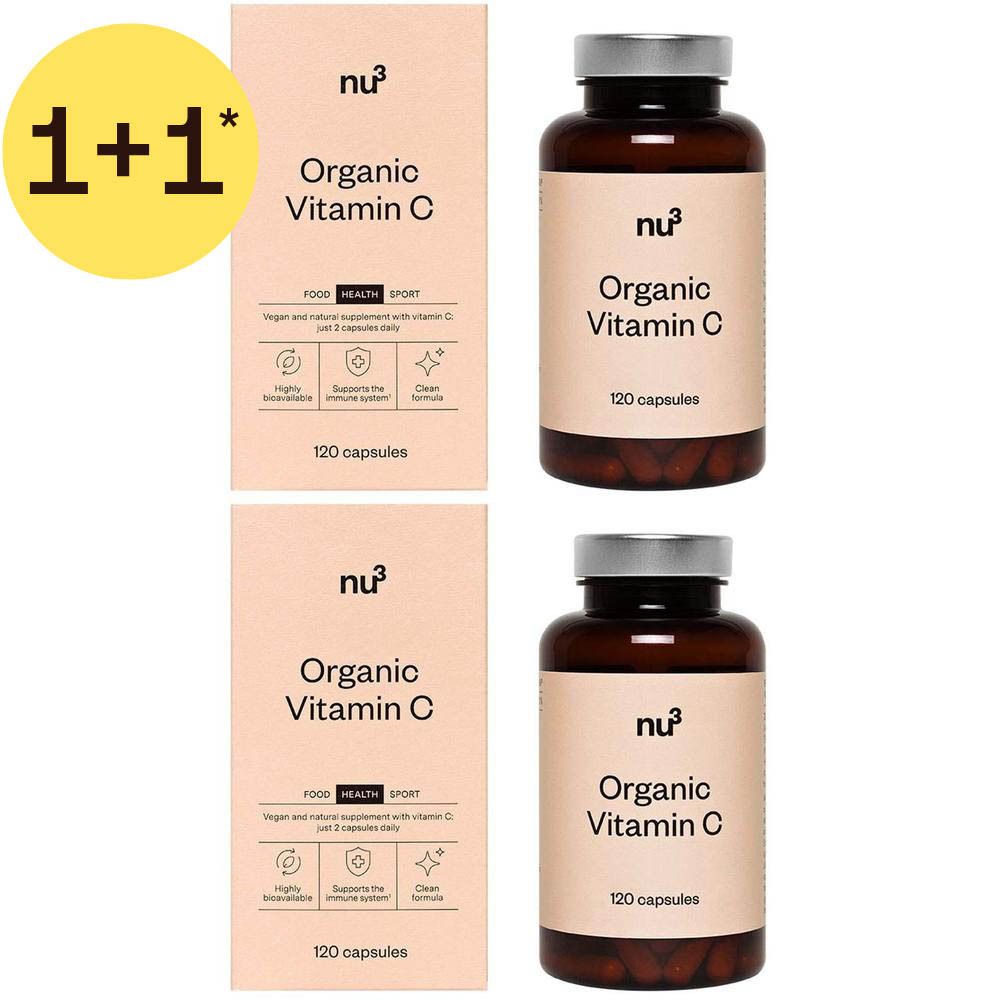 Zwei Packungen nu³ Bio Vitamin C Kapseln, je 120 Stück. "1+1"-Aktion hervorgehoben.