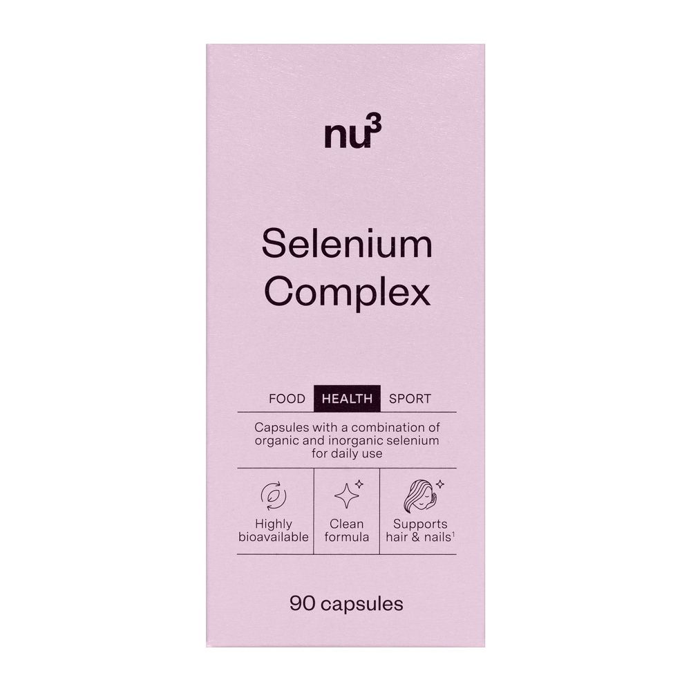 Emballage de nu3 Sélénium Complexe, 90 gélules, avec informations sur la biodisponibilité.