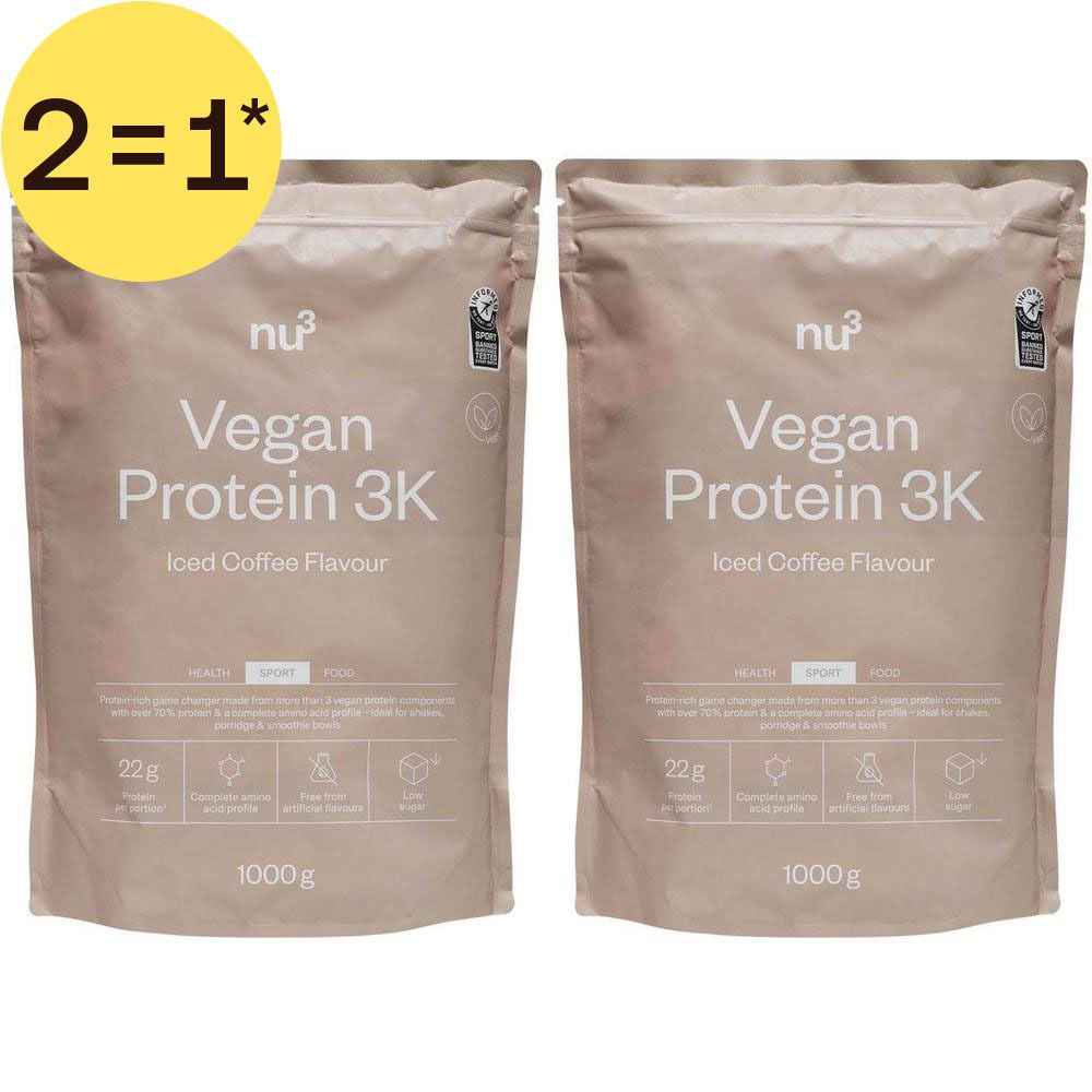 Deux paquets de nu3 Vegan Protein 3K saveur Iced Coffee, 1000g chacun. Autocollant "2=1".