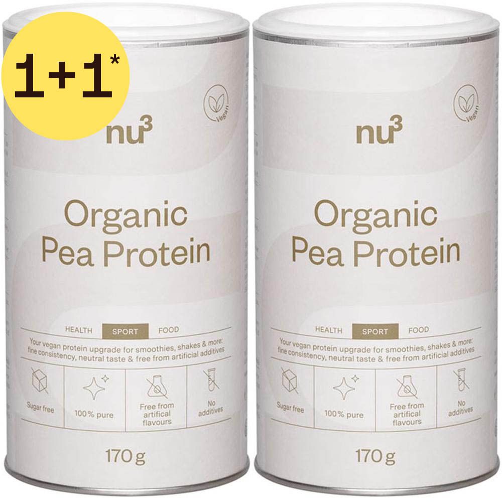 Zwei Dosen nu³ Bio Erbsenprotein, je 170g.