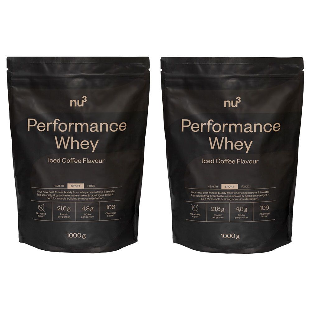 Zwei schwarze Beutel nu3 Performance Whey, Iced Coffee Flavour. Aufschrift: 21,6g Protein, 4,8g Fett, 106 kcal pro Portion. 1000g.