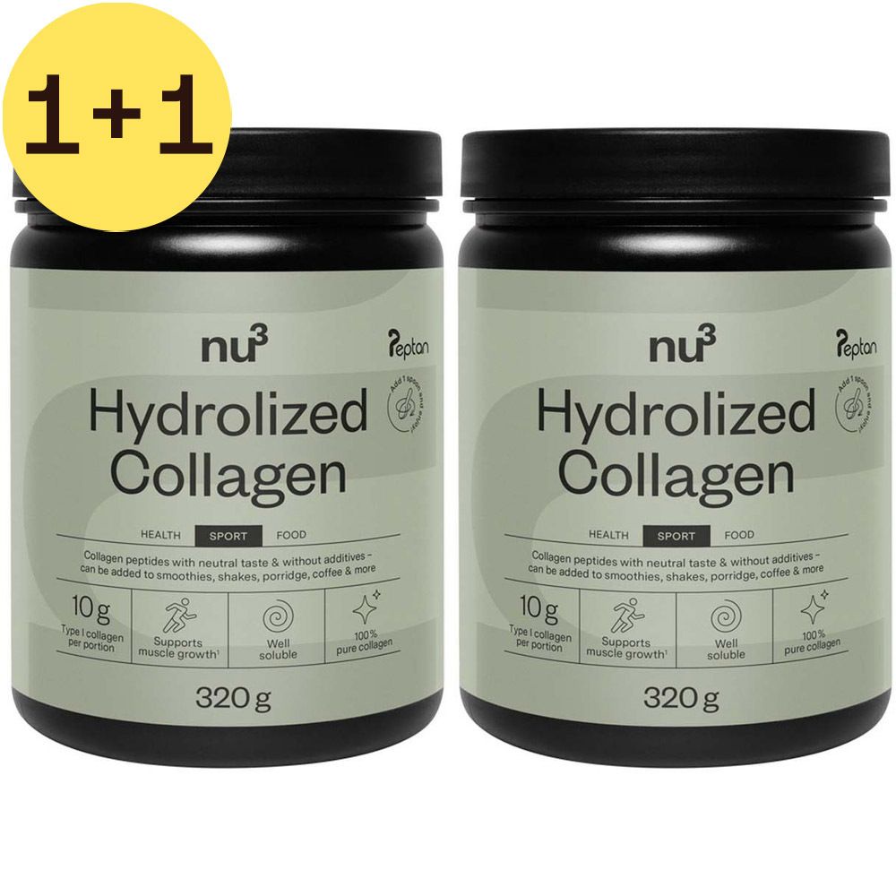 Deux pots de nu3 Kollagenhydrolysat avec autocollant jaune 1+1. Couvercles noirs, étiquettes vertes.