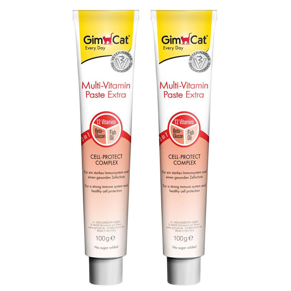 Zwei Tuben Multi-Vitamin Paste Extra. Aufschrift: GimCat, 12 Vitamine, Cell-Protect Complex. Inhalt: 100g.