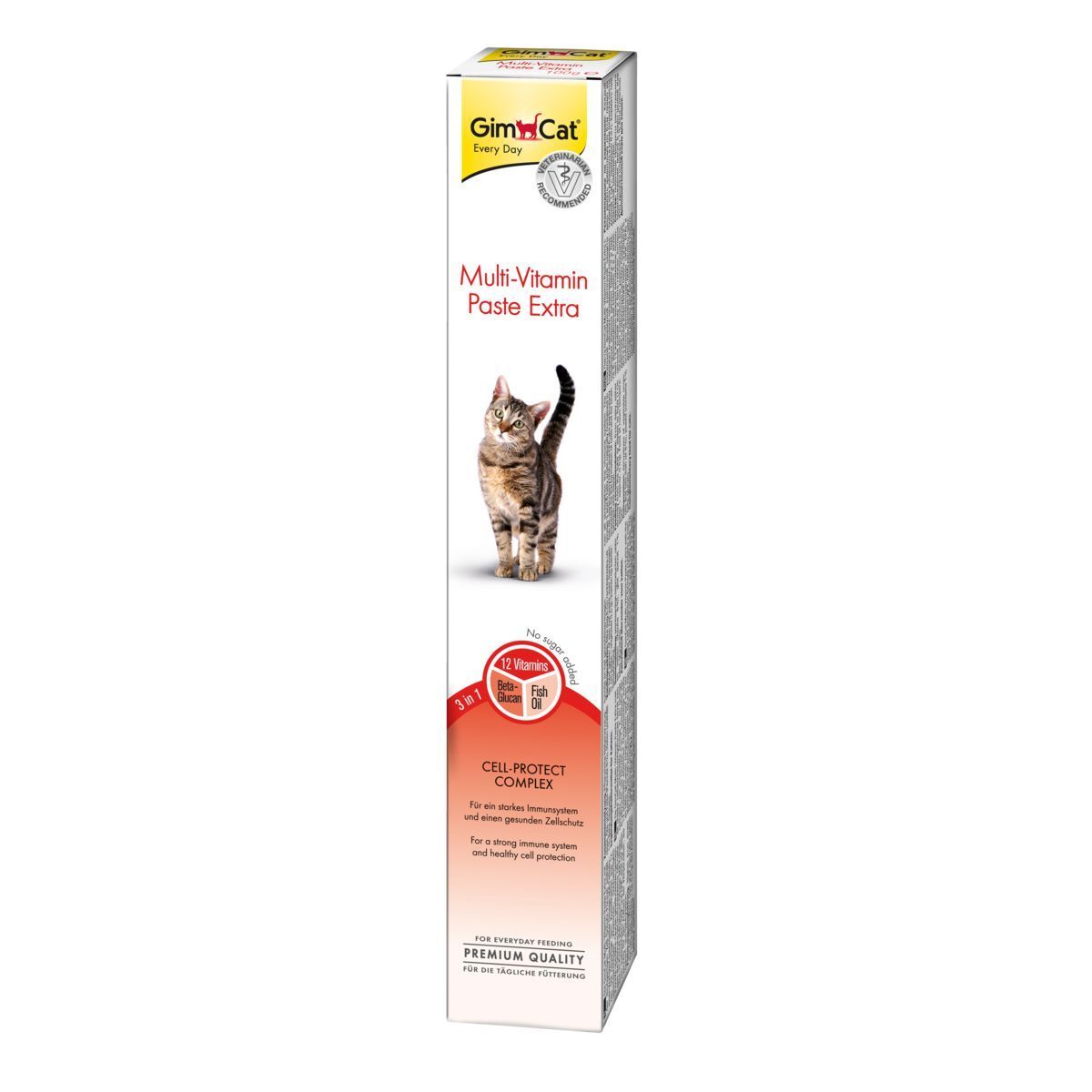 Verpackung GimCat Multi-Vitamin Paste Extra mit Katze, 12 Vitaminen und Cell-Protect Complex.