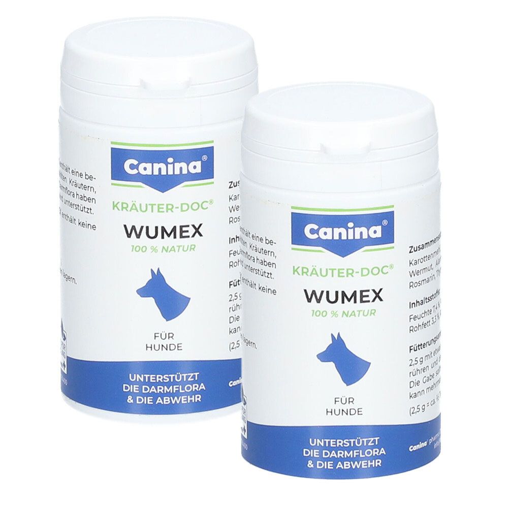 Deux boîtes blanches avec étiquettes bleues. Inscription : Canina Kräuter-Doc Wumex, 100% Natur, pour chiens. Soutient la flore intestinale et la défense.