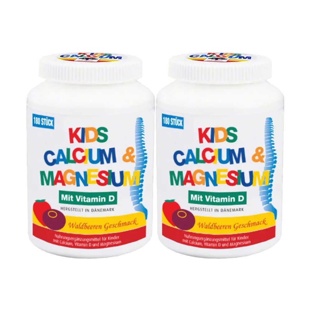 Deux flacons blancs avec étiquette colorée. Inscription : KIDS CALCIUM & MAGNESIUM, Avec vitamine D, Goût fruits des bois. 180 pièces.