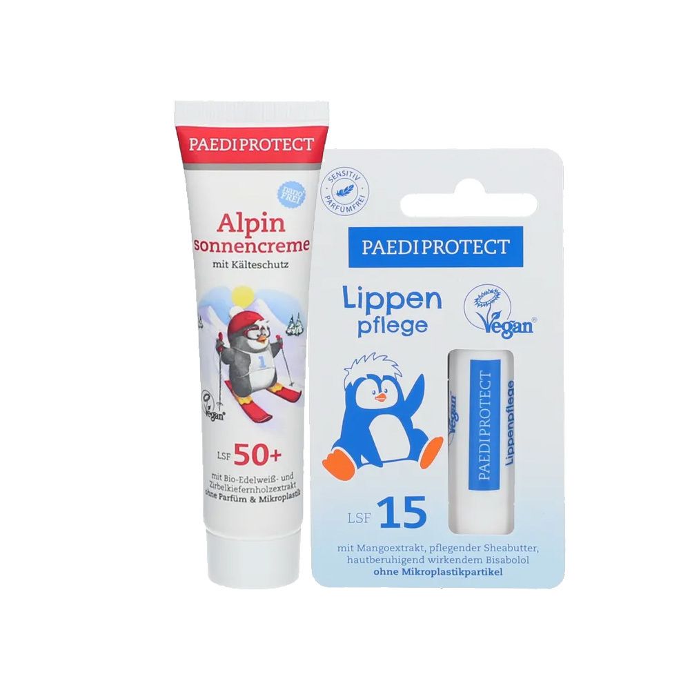 Sonnencreme-Tube und Lippenpflege-Stick. Beide Produkte tragen den Markennamen PAEDIPROTECT. Auf der Tube steht "Alpin sonnencreme LSF 50+". Auf dem Stick steht "Lippenpflege LSF 15".
