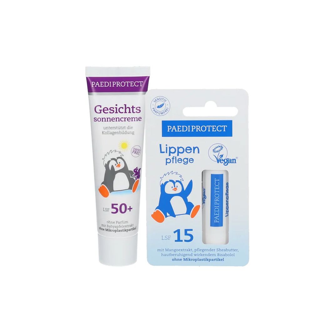 Sonnencreme-Tube und Lippenpflege-Stick. Beide Produkte tragen den Markennamen PAEDIPROTECT. Auf der Tube steht "Gesichts sonnencreme LSF 50+".