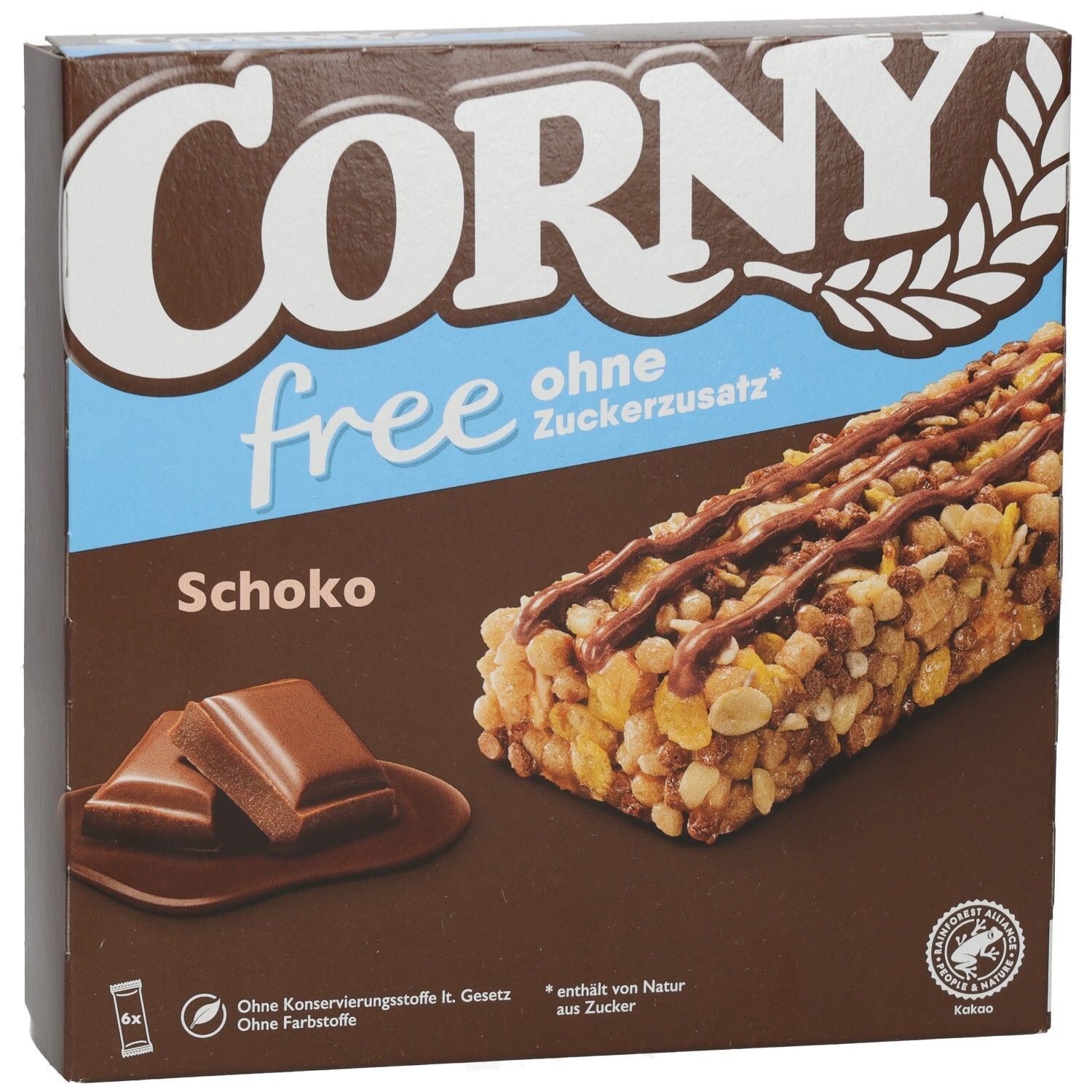 Schachtel mit CORNY free Schoko Riegeln. Braune Verpackung mit Produktabbildung und Text. Enthält 6 Riegel.