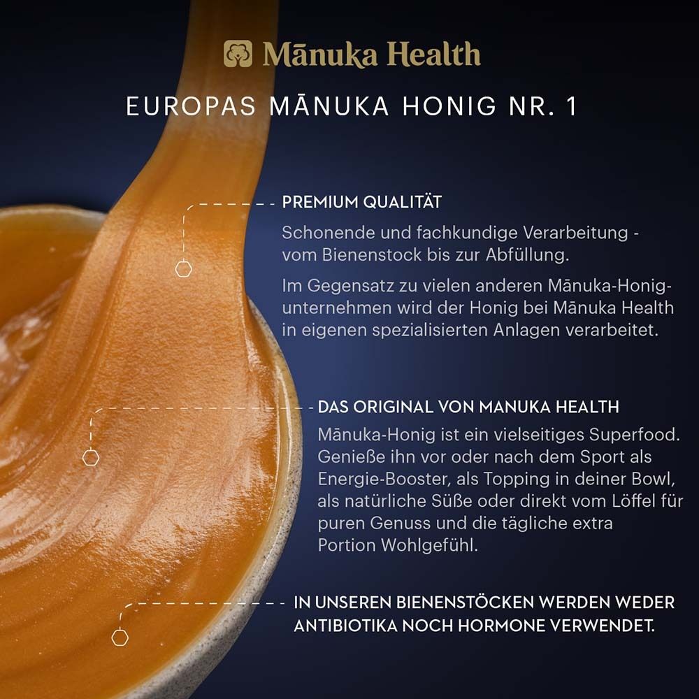 Gros plan sur du miel sur une cuillère. Texte : 'Le miel de Manuka n°1 en Europe'. Informations sur la qualité supérieure et l'original de Manuka Health.