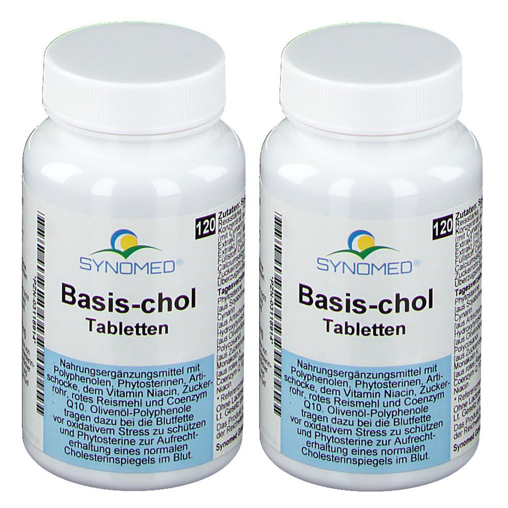 Zwei weiße Flaschen mit Schraubverschluss. Aufschrift: SYNOMED Basis-chol Tabletten. Jede Flasche enthält 120 Tabletten.