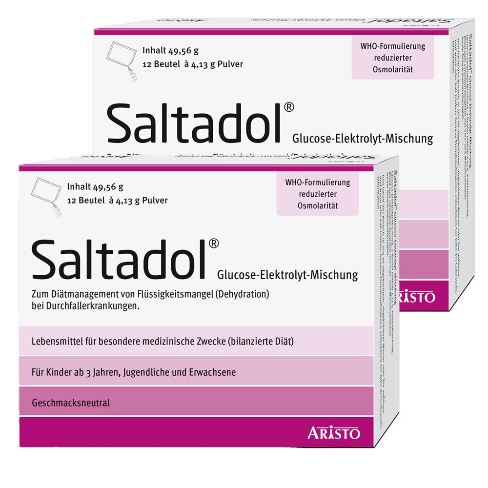 Zwei Packungen Saltadol Glucose-Elektrolyt-Mischung. Weiße Schachteln mit rosa Akzenten und Produktinformationen.