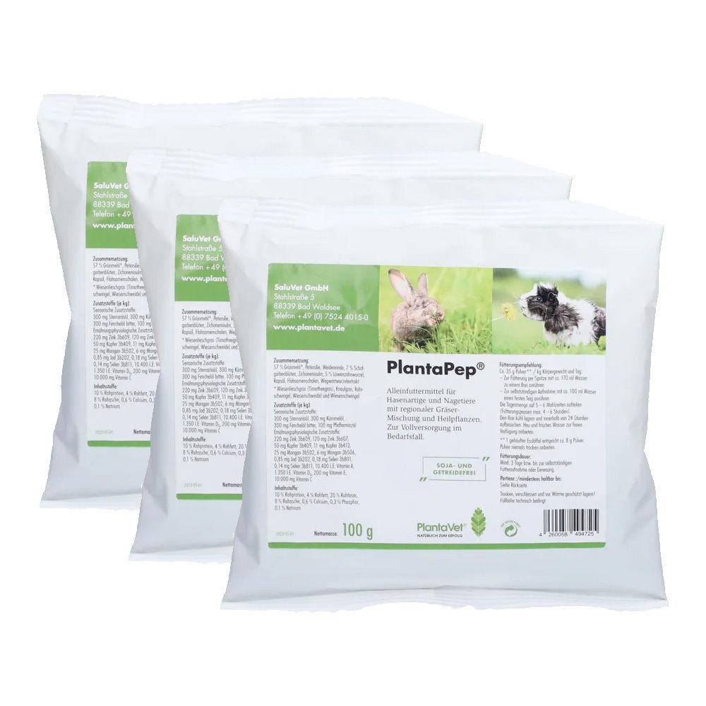 Trois sachets blancs avec l'inscription PlantaPep®. Impressions avec informations sur le produit et images d'animaux.