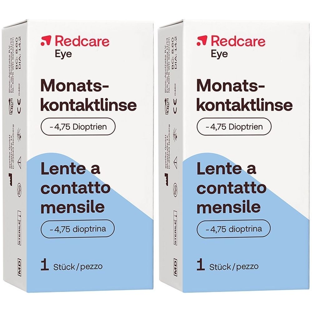 Deux boîtes de lentilles de contact mensuelles Redcare Eye. Emballage blanc et bleu avec texte et logo.