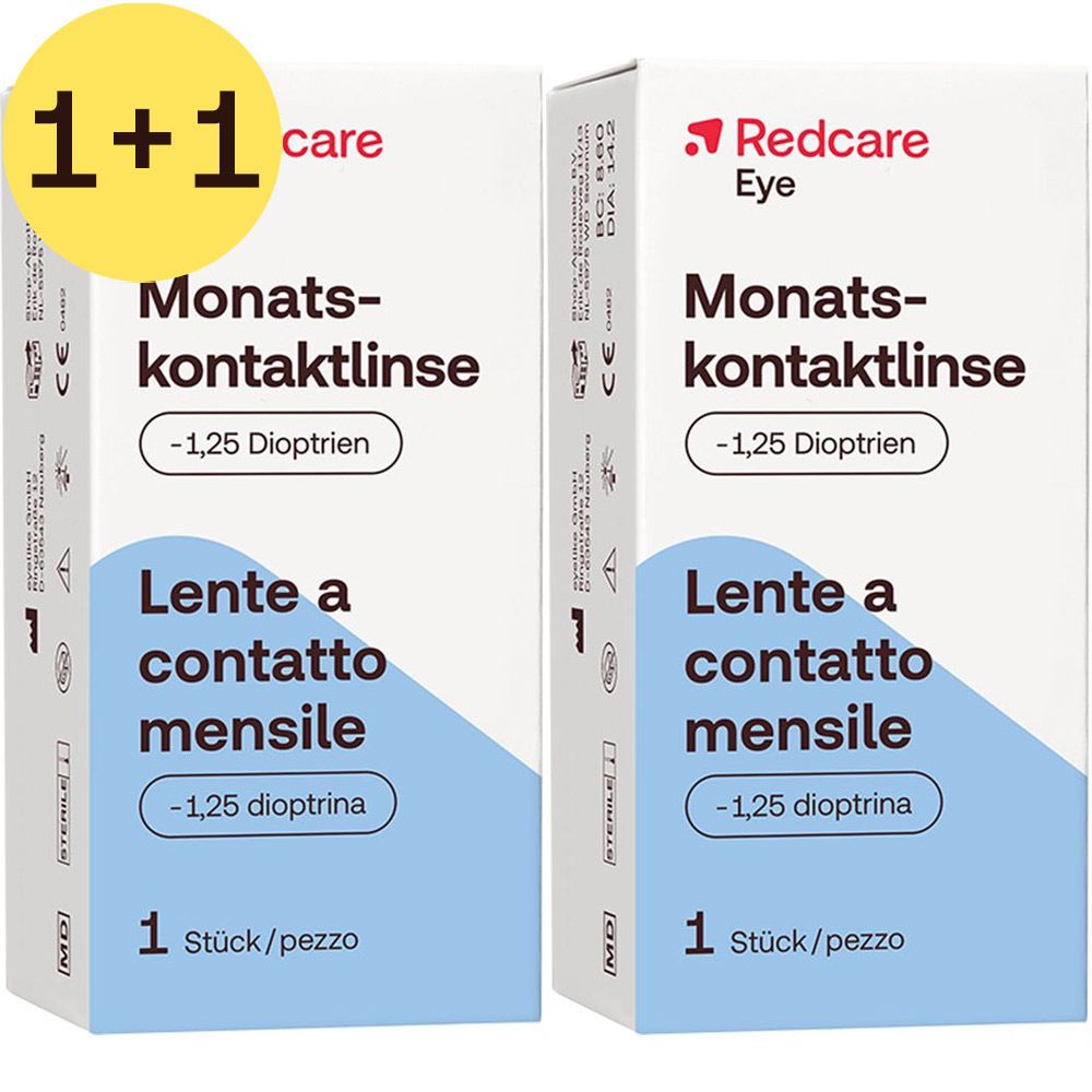 Deux boîtes de lentilles de contact mensuelles Redcare Eye. Inscription : -1,25 dioptries. 1 pièce/boîte.
