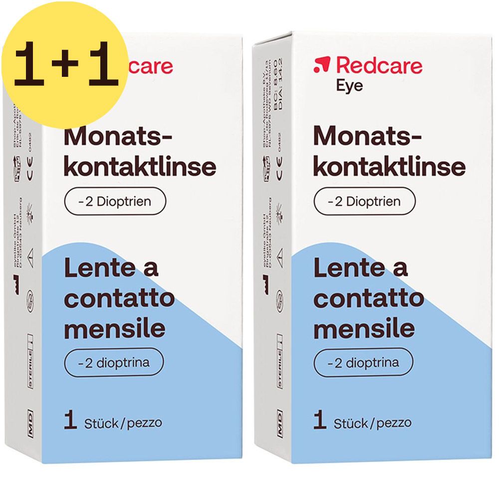 Deux boîtes de lentilles de contact mensuelles Redcare Eye. Inscription : 1+1, Monatskontaktlinse, -2 Dioptries, Lente a contatto mensile.