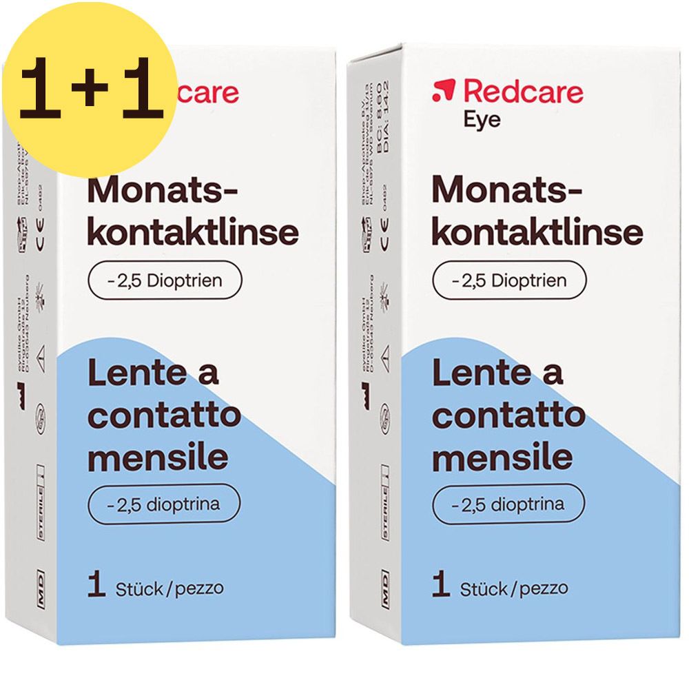 Deux boîtes de lentilles de contact mensuelles Redcare Eye. -2,5 dioptries. 1 pièce/boîte.