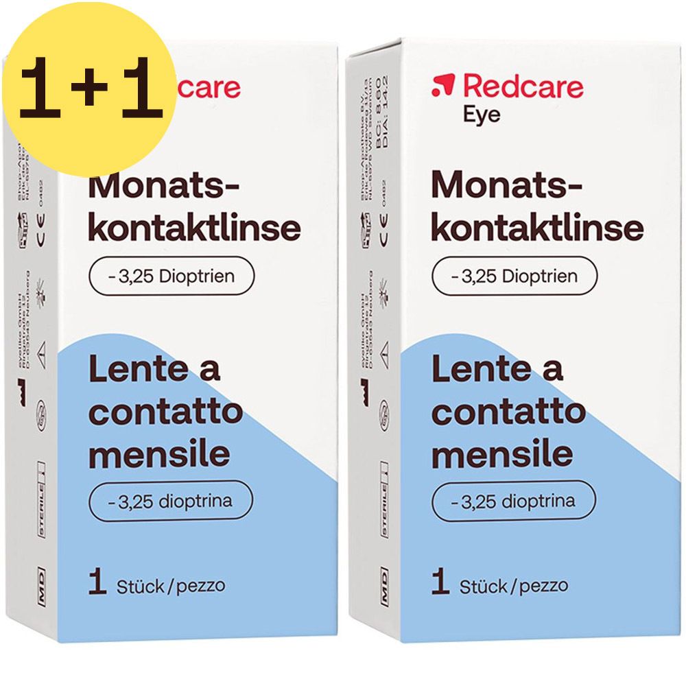Deux boîtes de lentilles mensuelles Redcare Eye. Inscription : -3,25 dioptries, 1 pièce/boîte.