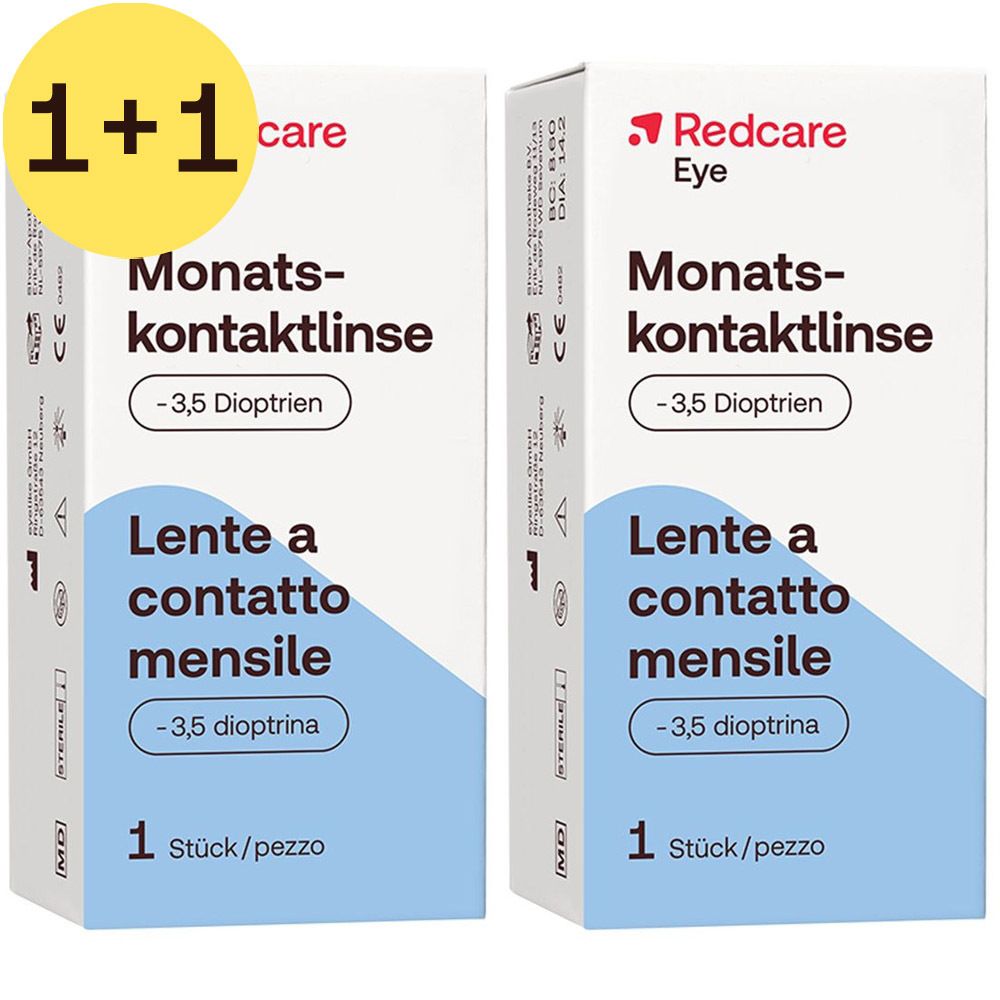 Deux boîtes de lentilles mensuelles Redcare Eye, -3,5 dioptries. Chaque boîte contient 1 pièce.