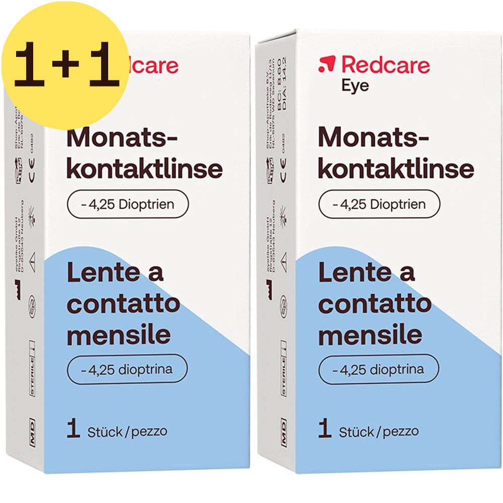 Deux boîtes de lentilles de contact mensuelles Redcare Eye. Emballage bleu et blanc avec texte et logo.