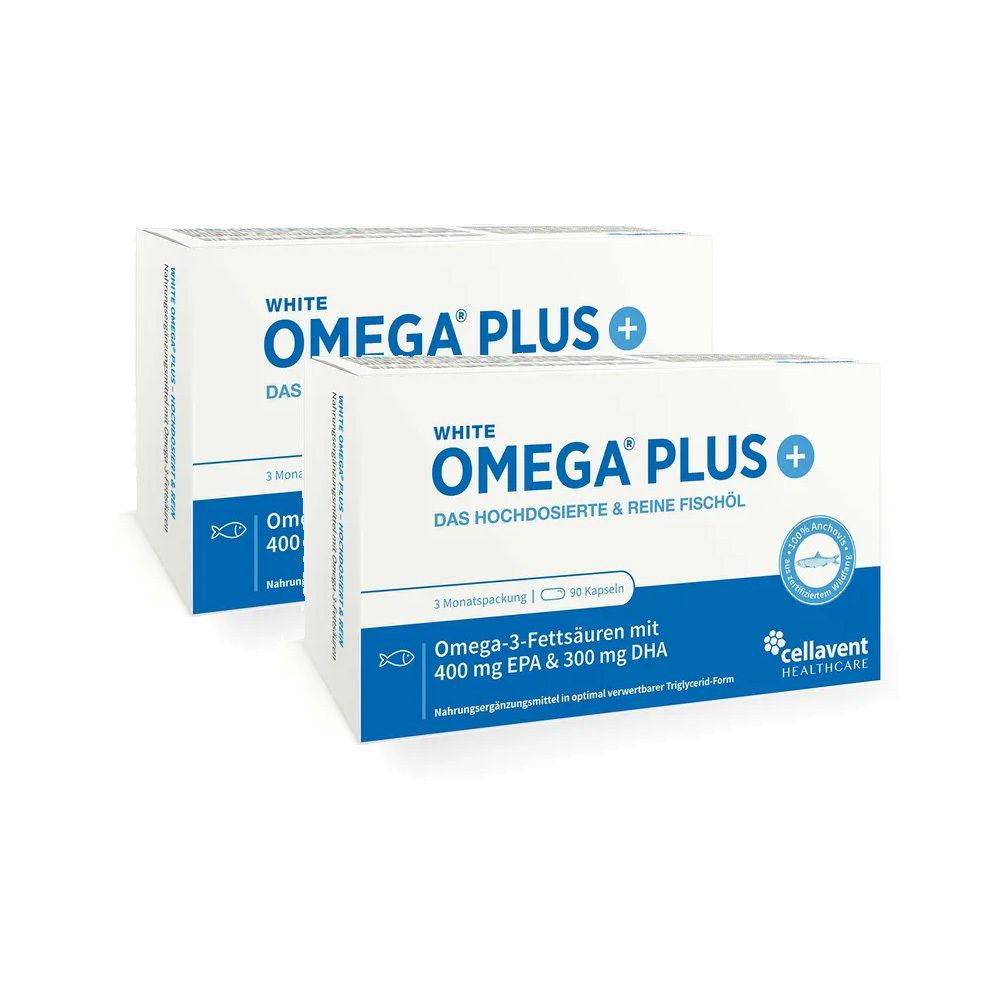 Zwei weiße Schachteln mit "WHITE OMEGA PLUS" Aufschrift. Text: "DAS HOCHDOSIERTE & REINE FISCHÖL". Enthält Omega-3-Fettsäuren.