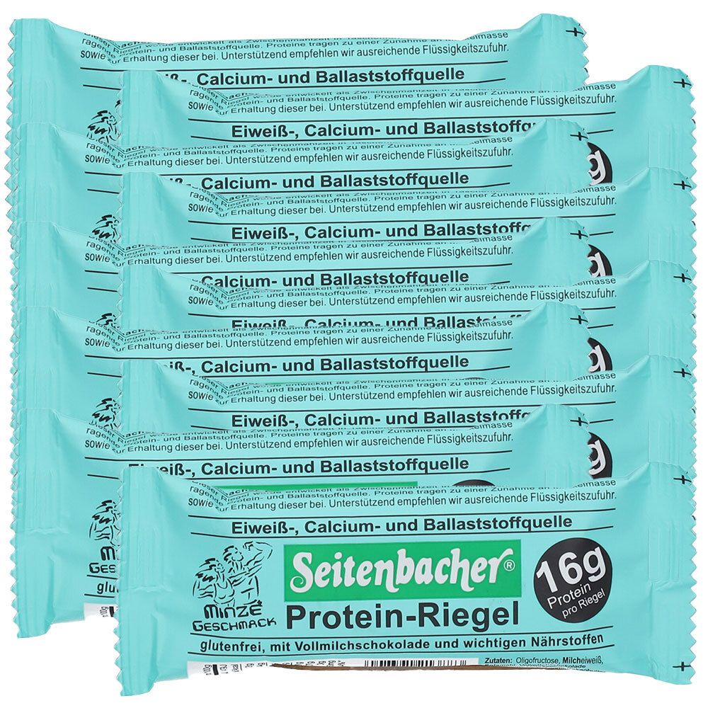 Mehrere Proteinriegel in hellblauer Verpackung. Aufdruck: Seitenbacher Protein-Riegel Minze, 16g Protein. Glutenfrei, mit Vollmilchschokolade.