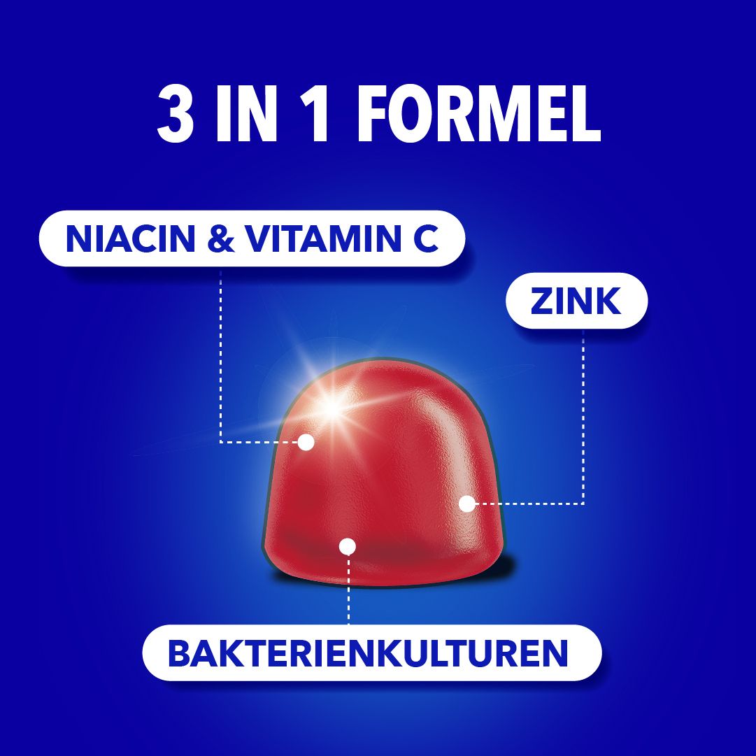 Graphique: 3 EN 1 FORMULE. Niacine & Vitamine C, Zinc et cultures bactériennes. Illustration de gomme rouge.