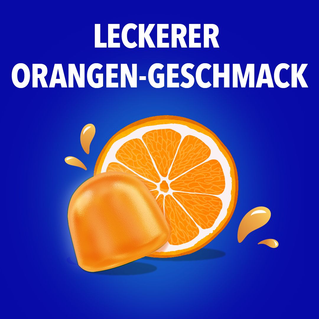 Orangefarbenes Weichgummi neben einer halbierten Orange. Text: Leckerer Orangengeschmack.