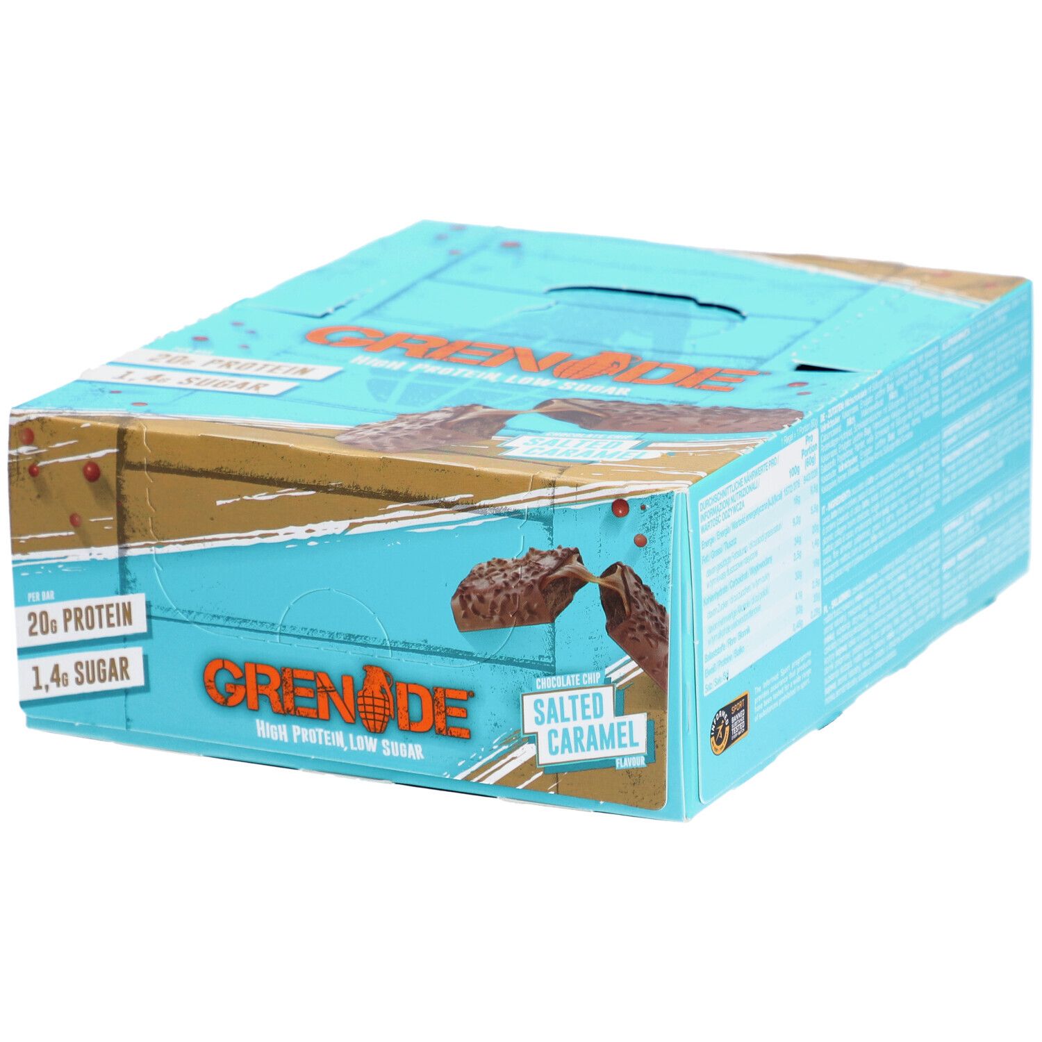 Blau-braune Verpackung mit Proteinriegeln. Aufschrift: GRENADE, Salted Caramel, 20g Protein, 1.4g Zucker.