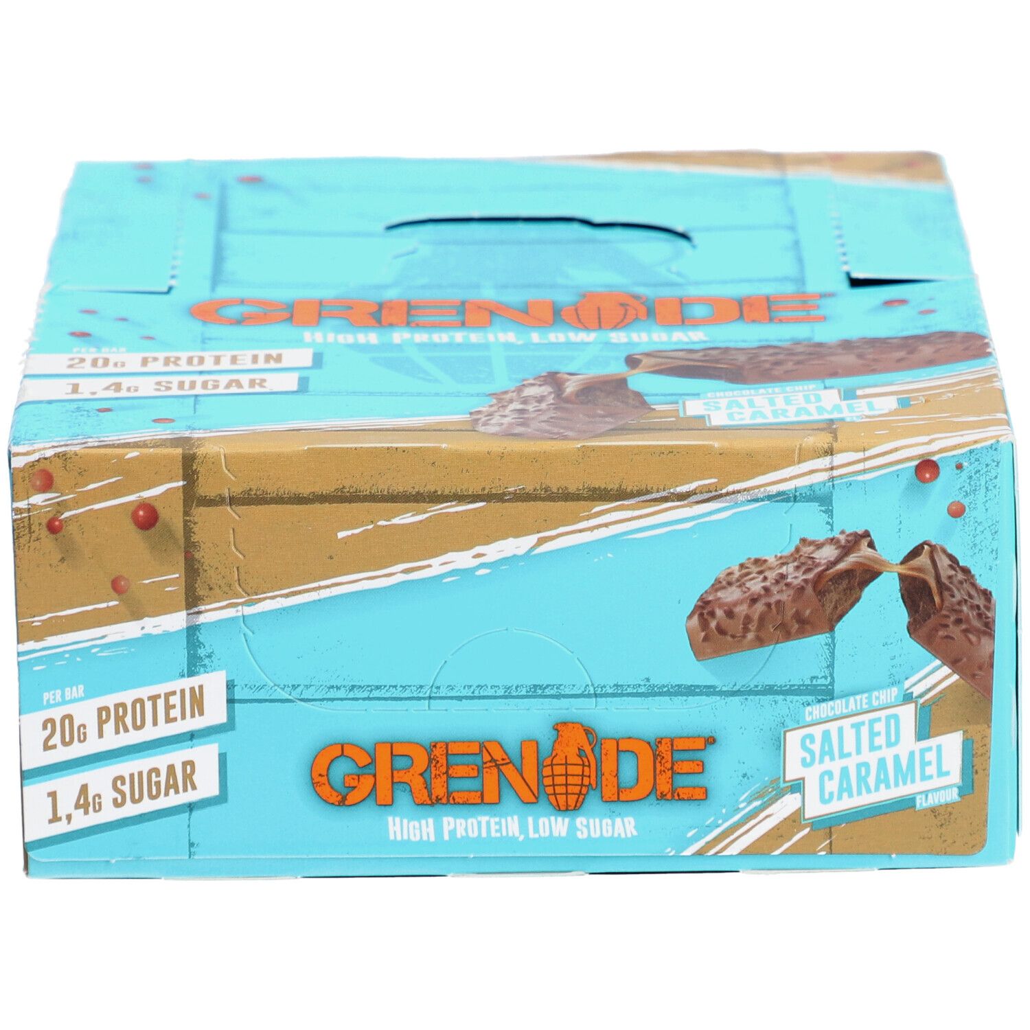 Blau-braune Verpackung mit Proteinriegeln. Aufschrift: GRENADE, Salted Caramel, 20g Protein, 1.4g Zucker.