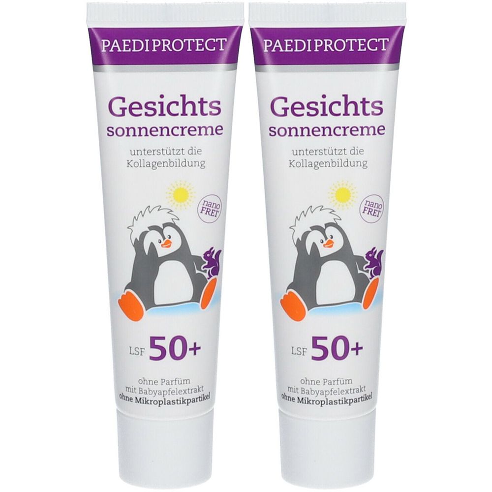 Deux tubes de crème solaire PAEDIPROTECT pour le visage. Blanc, texte violet, illustration de pingouin. SPF 50+.