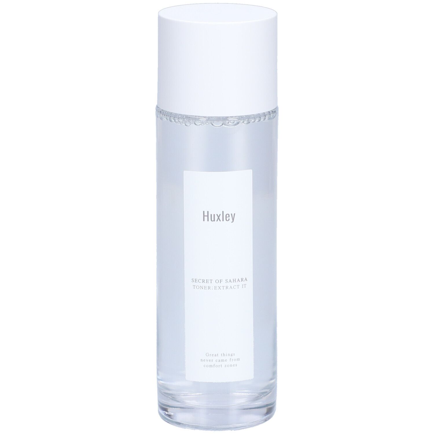 Flacon cylindrique blanc avec bouchon. Étiquette "Huxley" et nom du produit. Liquide clair visible.