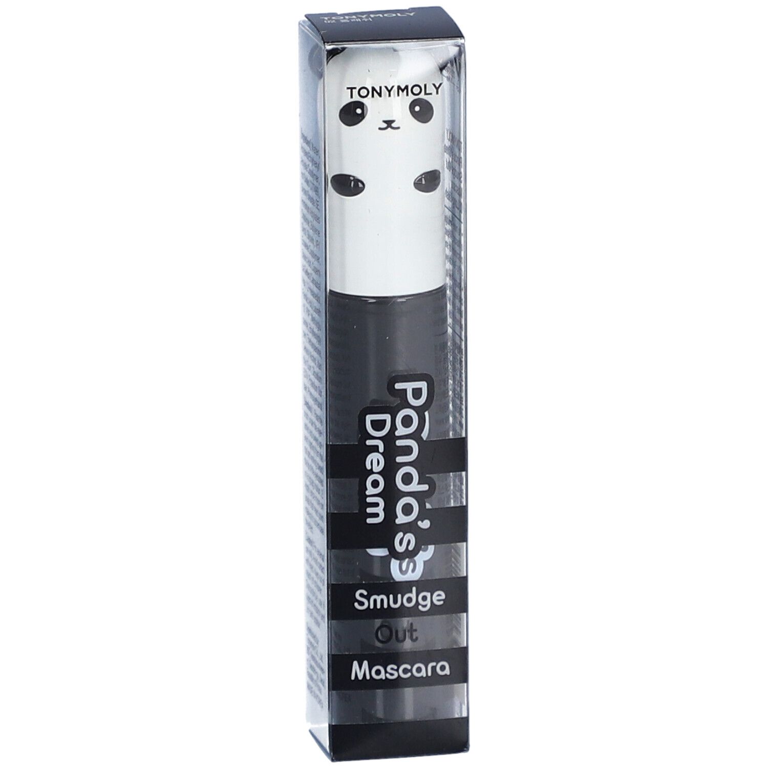 Mascara en emballage. Couvercle blanc avec visage de panda. Récipient de mascara noir. Nom du produit: Panda's Dream Smudge Out Mascara. Emballage transparent.