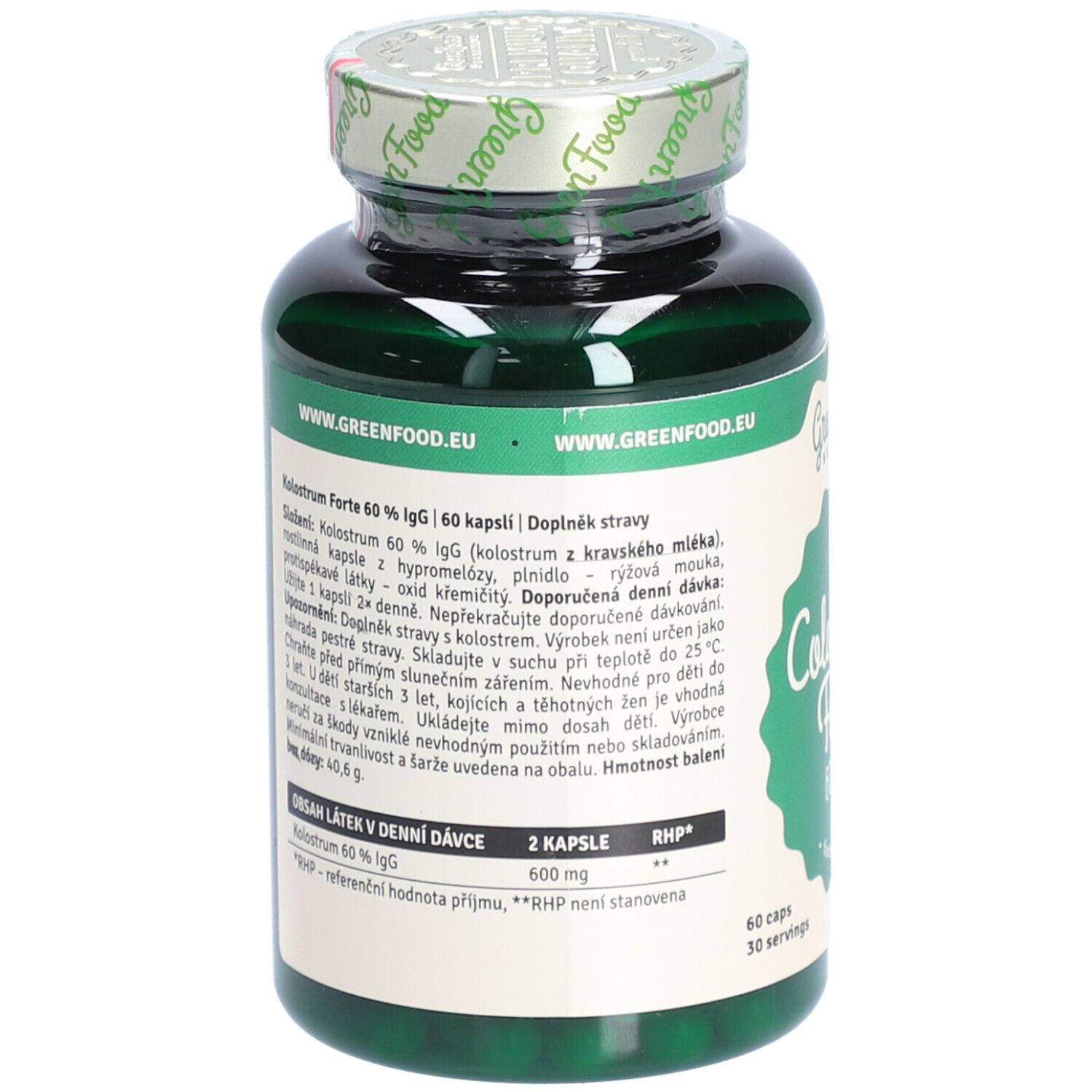 Dos de la bouteille. Texte: Colostrum Forte 60% IgG. Informations sur les ingrédients et le dosage. 60 gélules.