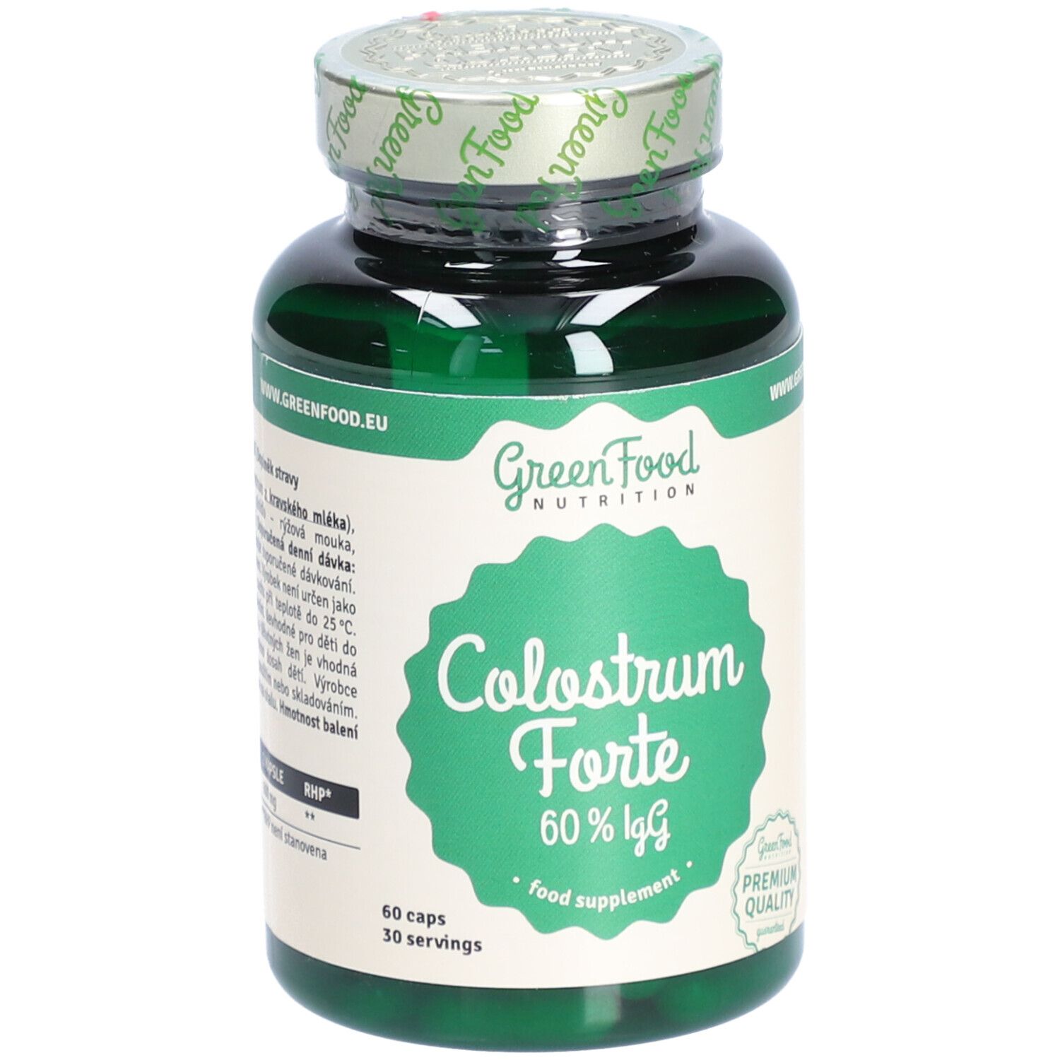 Flacon vert de gélules. Inscription: Colostrum Forte 60% IgG. Marque: Green Food Nutrition. 60 gélules.