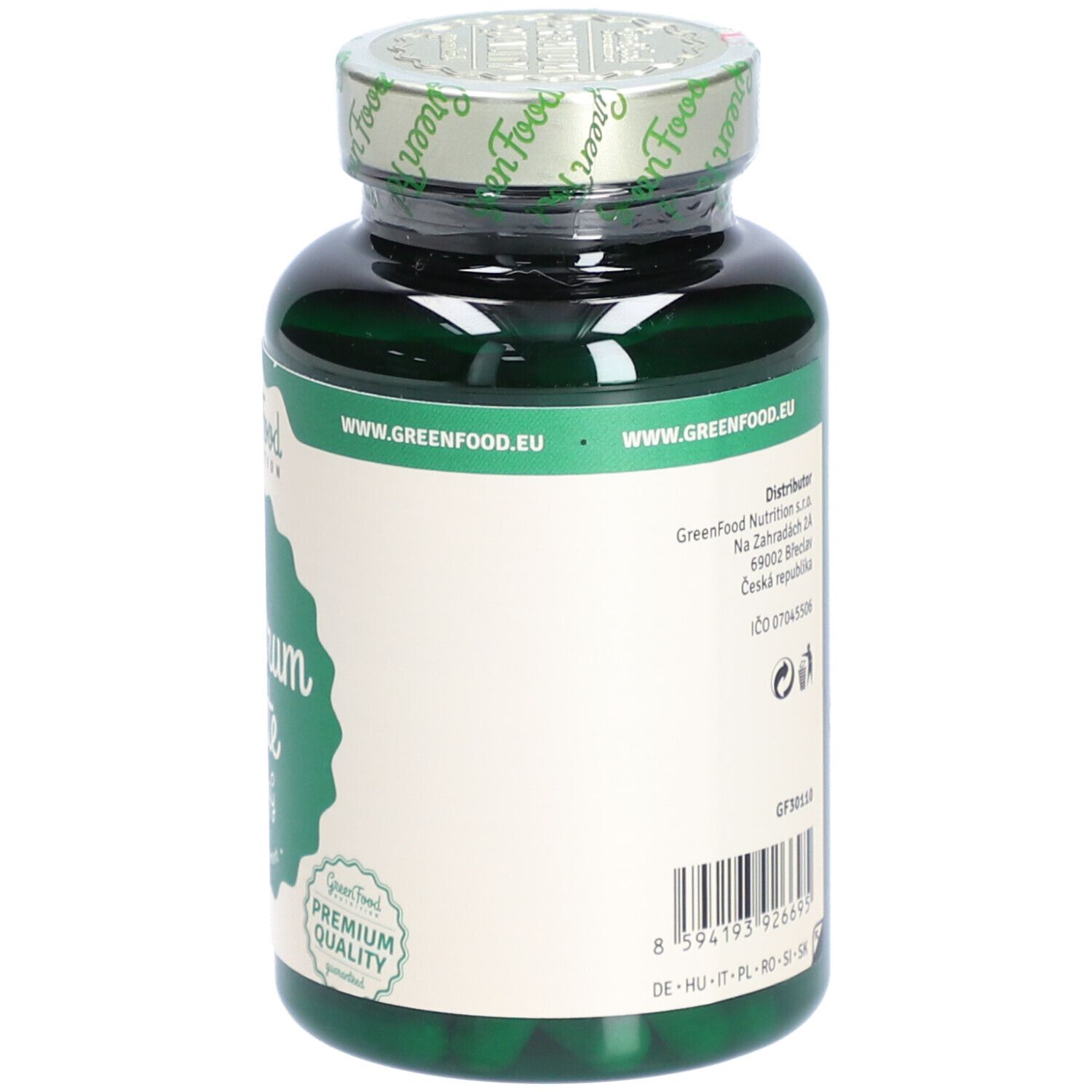 Dos de la bouteille. Texte: Green Food Nutrition. Premium Quality. Code-barres et symboles de recyclage.