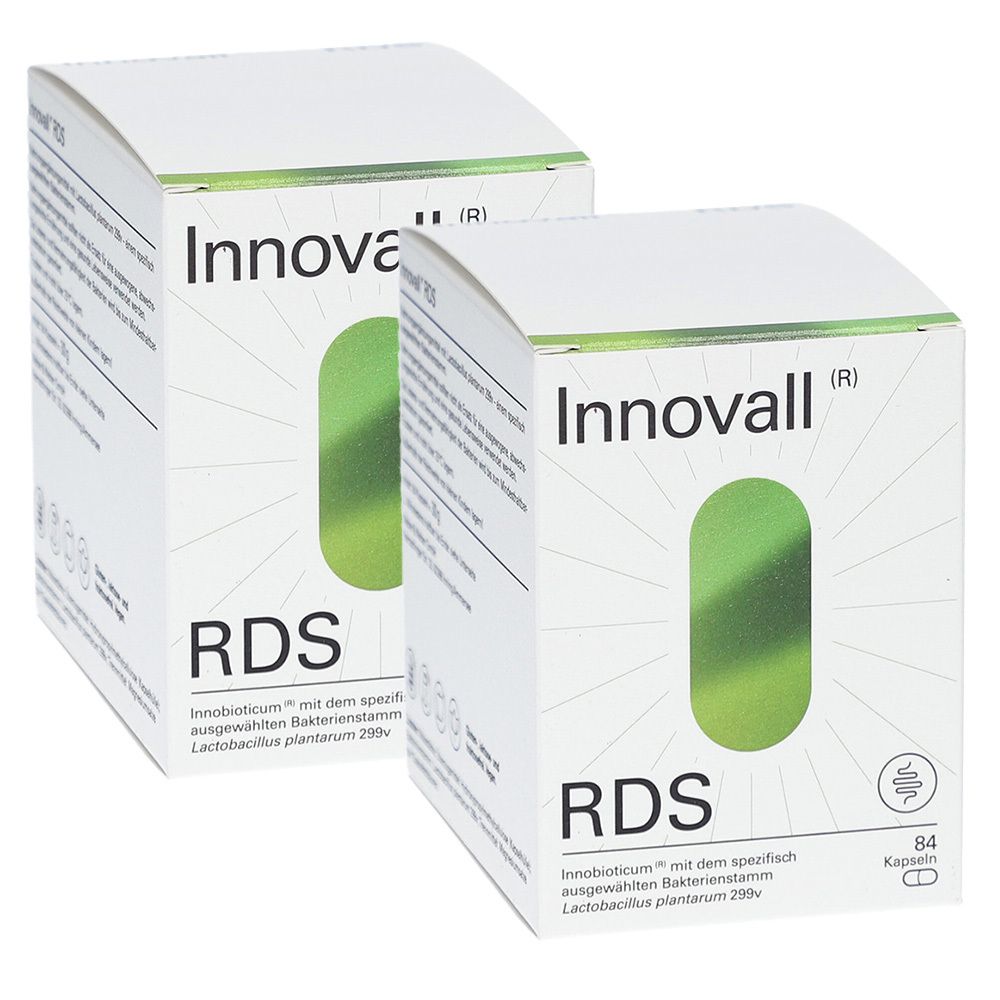 Zwei weiße Kartons mit der Aufschrift Innovall® RDS. Text: Mit dem spezifischen Bakterienstamm Lactobacillus plantarum 299v. 84 Kapseln.