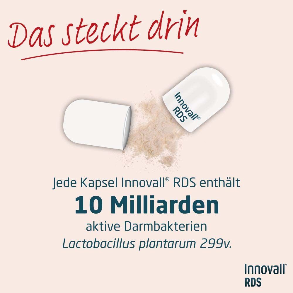 Eine geöffnete weiße Kapsel mit der Aufschrift Innovall® RDS. Text: 10 Milliarden aktive Darmbakterien Lactobacillus plantarum 299v.