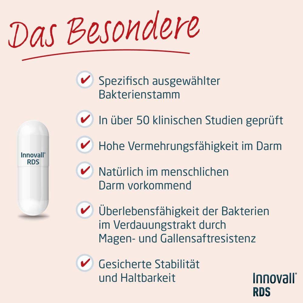 Eine weiße Kapsel mit der Aufschrift Innovall® RDS. Text: Spezifisch ausgewählter Bakterienstamm, in über 50 Studien geprüft, etc.