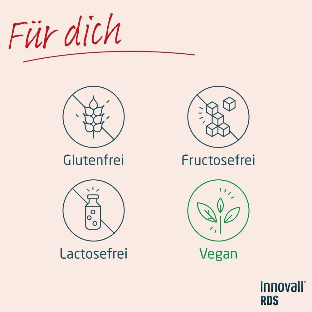 Grafik mit vier Symbolen. Text: Glutenfrei, Fructosefrei, Lactosefrei, Vegan. Innovall® RDS Logo.