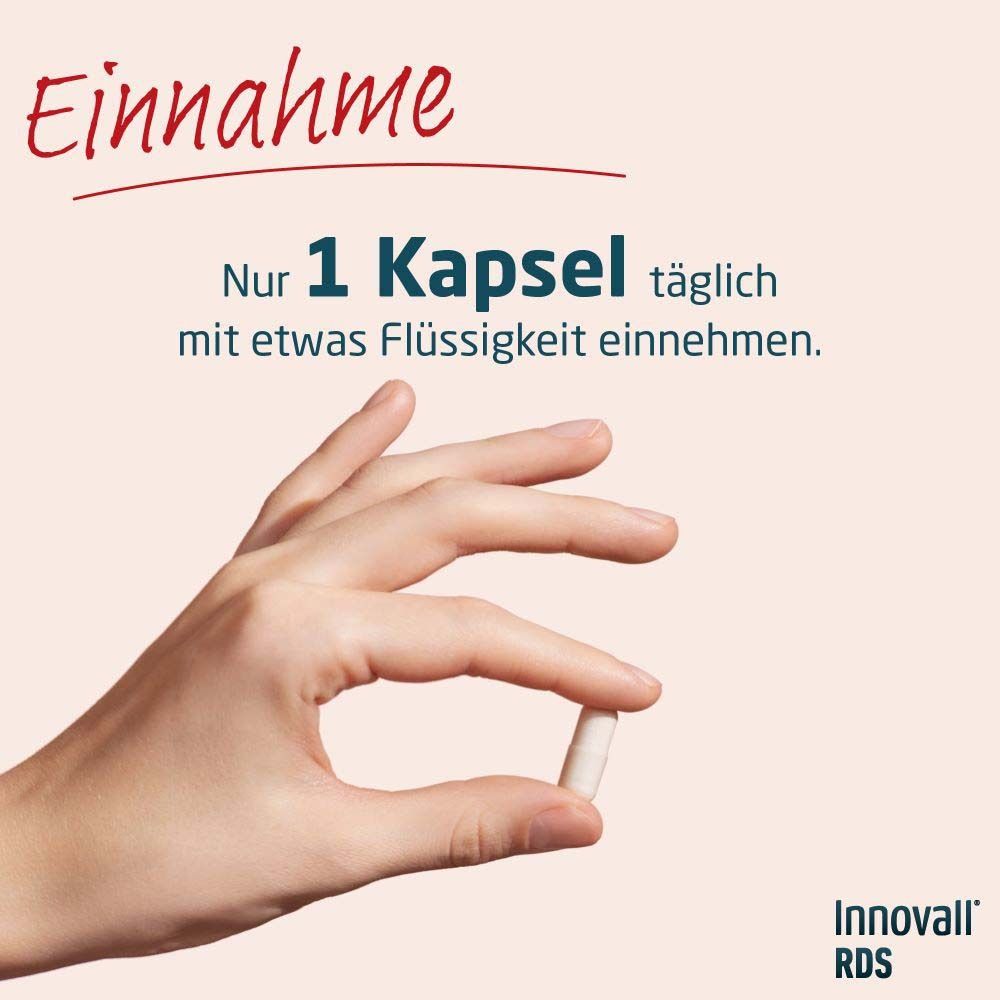 Eine Hand hält eine weiße Kapsel. Text: Nur 1 Kapsel täglich mit etwas Flüssigkeit einnehmen. Innovall® RDS Logo.
