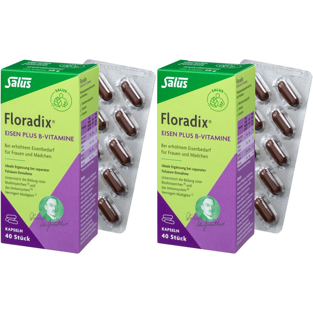 Deux boîtes et des blisters de gélules. Sur les boîtes, on peut lire "Salus Floradix Eisen plus B-Vitamine".