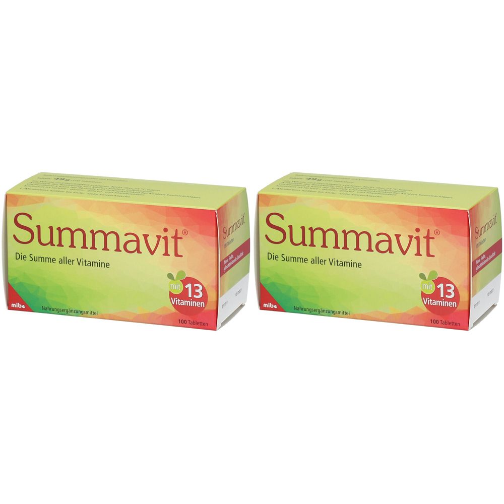 Deux boîtes rectangulaires avec le mot "Summavit". Inscription "La somme de toutes les vitamines" et "13 vitamines".
