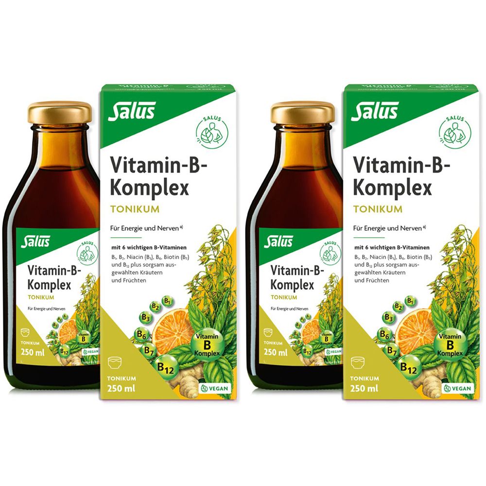 Mehrere Flaschen und Kartons mit dem Produkt Vitamin-B-Komplex Tonikum. Aufschrift: Salus, Vitamin-B-Komplex, 250 ml, vegan.