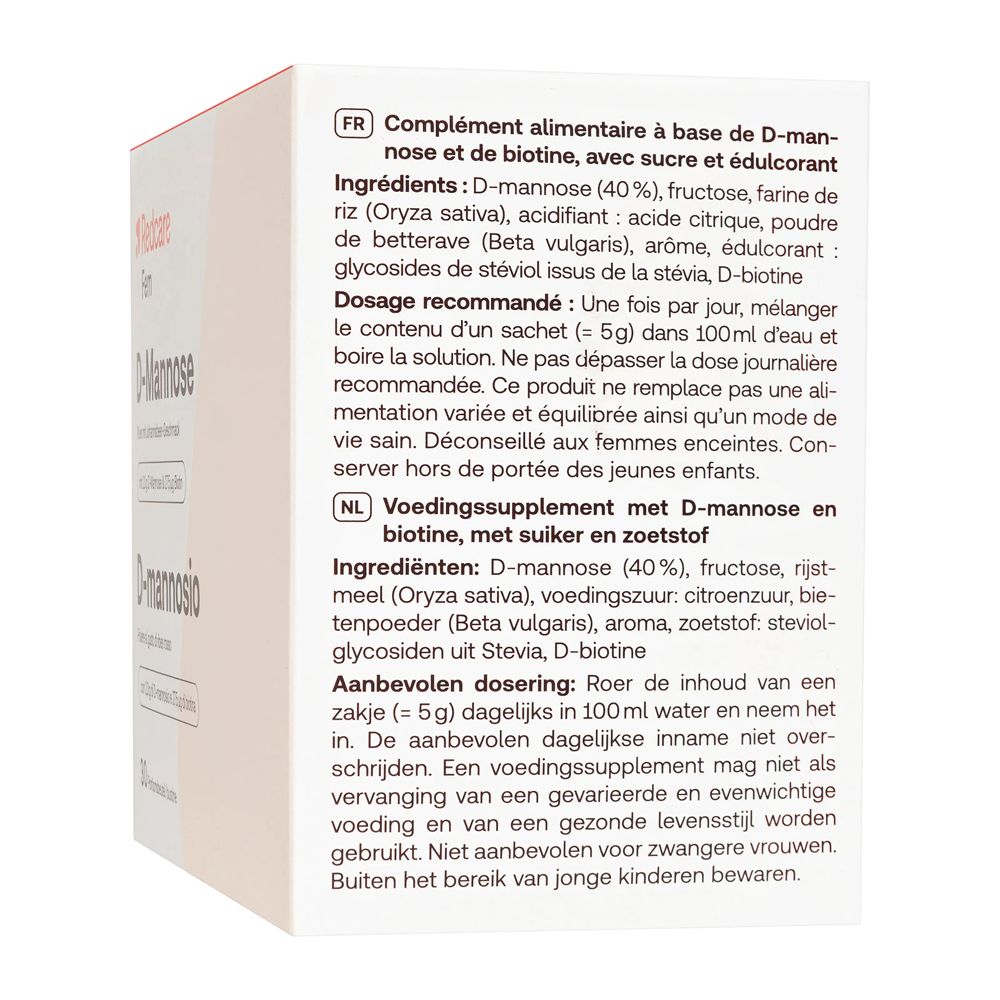 Eine Packung Redcare Fem D-Mannose. Auf der Packung stehen Informationen zu Inhaltsstoffen und Dosierung in Französisch und Niederländisch.