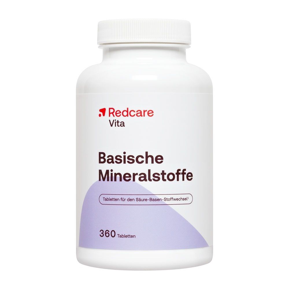 Bouteille Redcare Vita Basische Mineralstoffe de 360 comprimés, contenant blanc avec logo rouge.