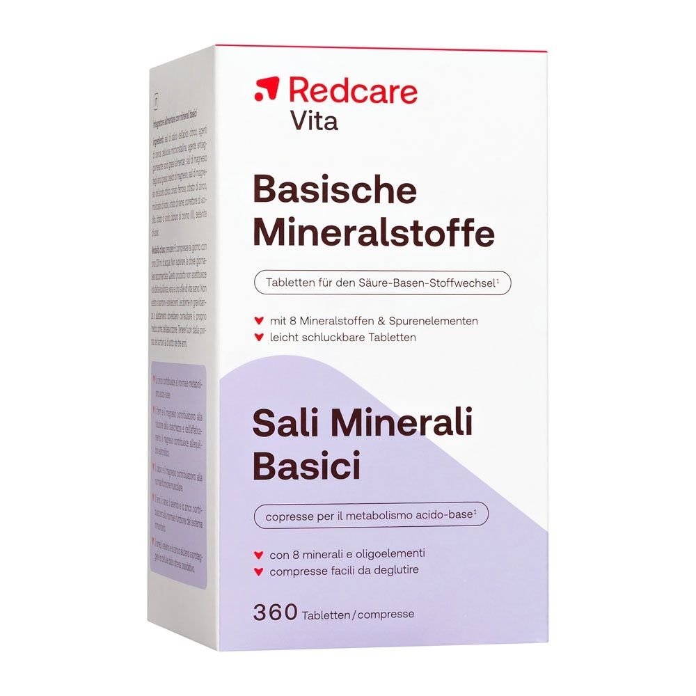 Emballage Redcare Vita Basische Mineralstoffe, face avant avec informations produit et 360 comprimés.