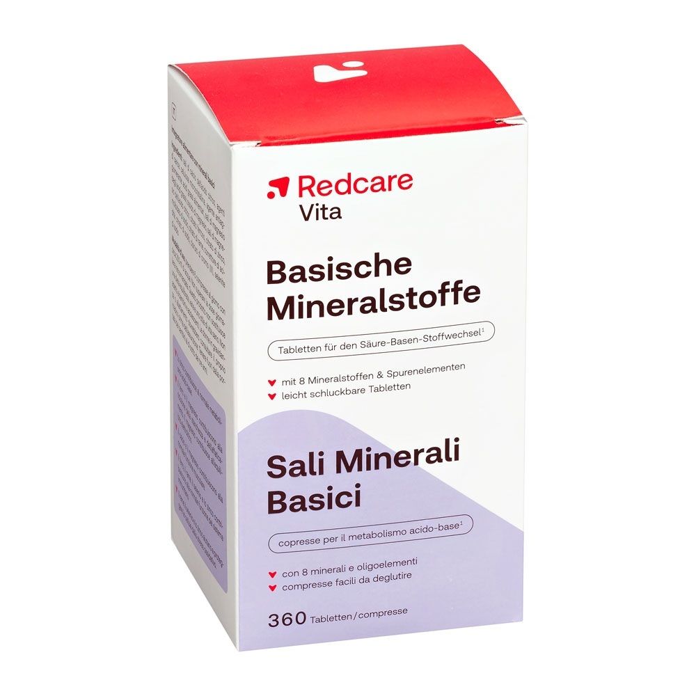 Emballage Redcare Vita Basische Mineralstoffe, légèrement de trois-quarts avant, 360 comprimés.