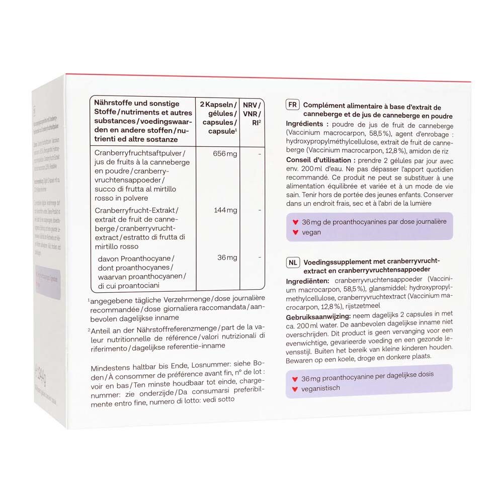 Rückseite der Verpackung Redcare Vita Cranberry. Informationen zu Inhaltsstoffen und Dosierung.