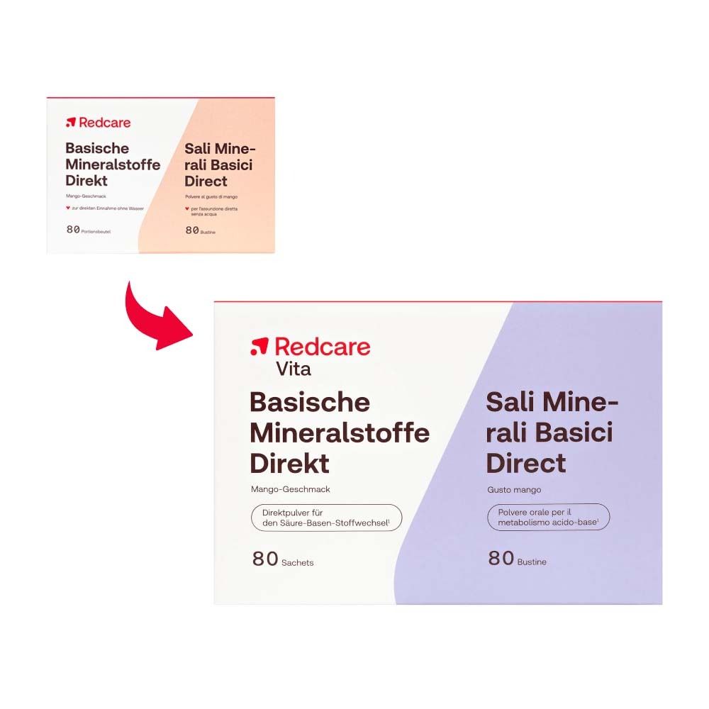 Emballage Redcare Basische Mineralstoffe Direkt. Goût mangue, 80 sachets. Flèche.
